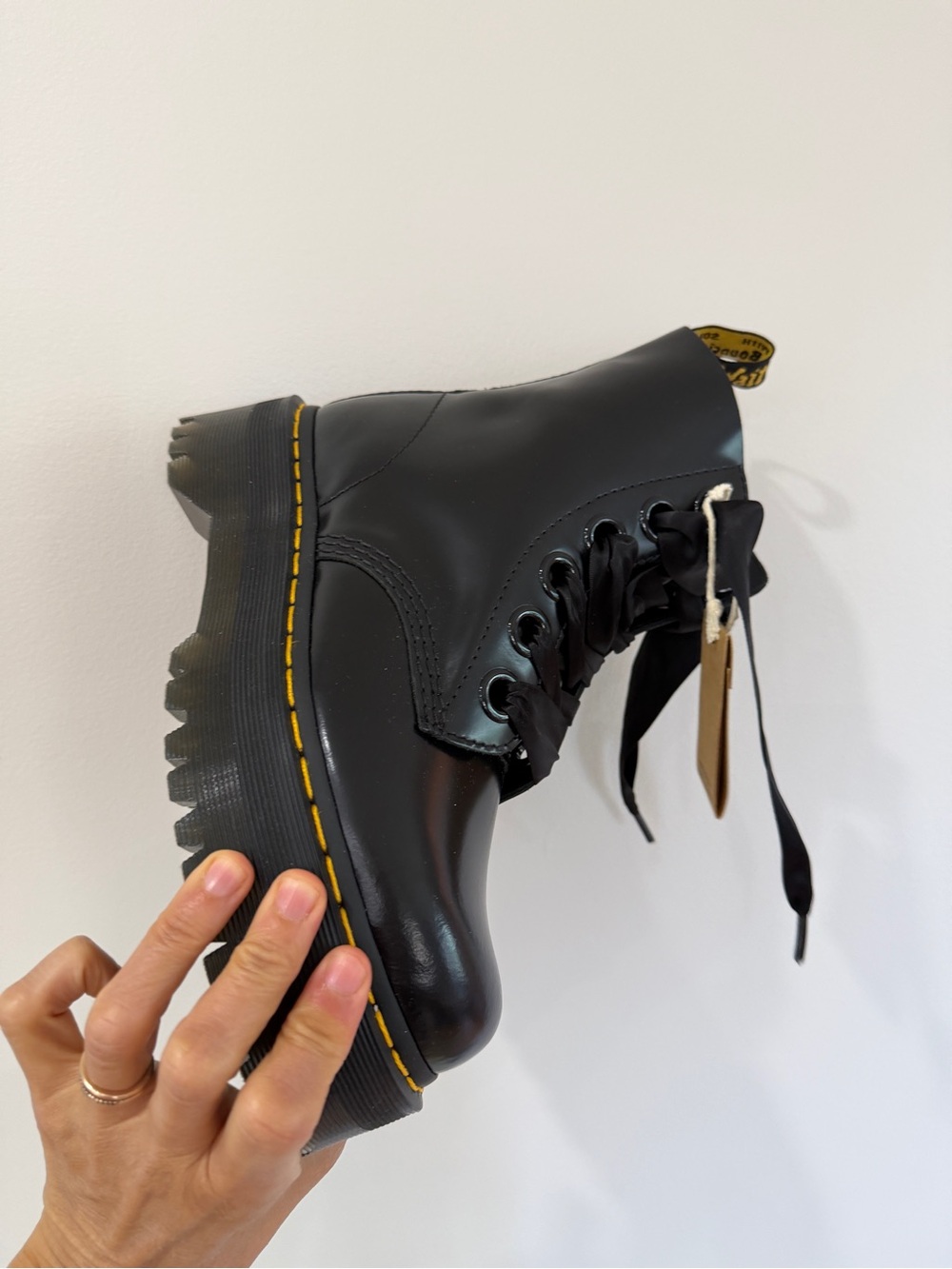 Dr. Martens Black Leather Platform Combat Boots with Yellow Stitching - Picture 6 of 7